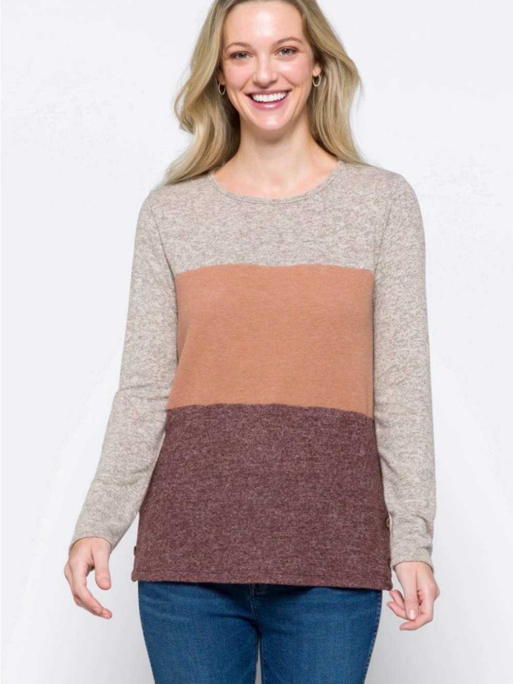 Pink Clover Colorblock Long Sleeve Tee in Grey, Tan and Mauve